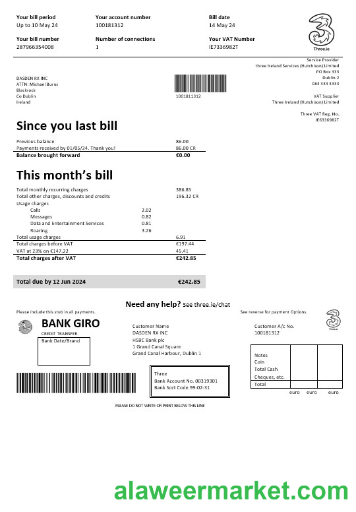 Ireland Three.ie business utility bill template in Word and PDF formats
